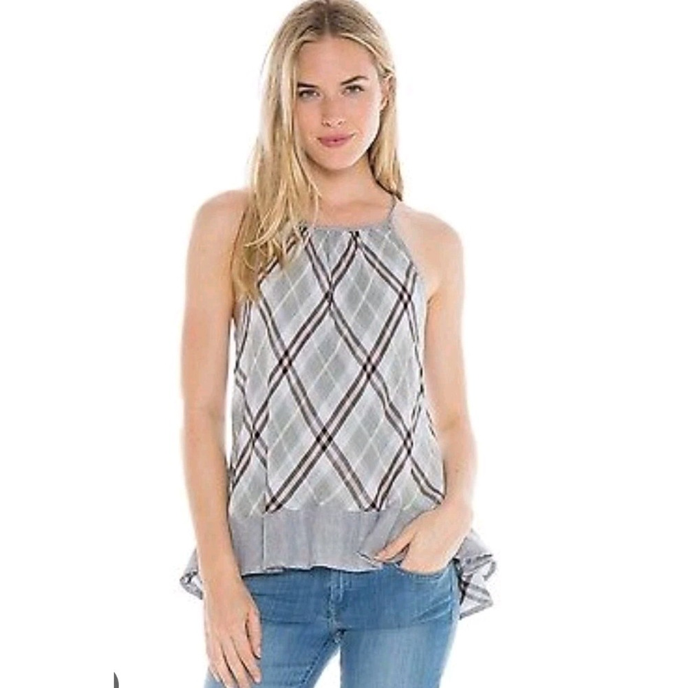 Cloth Womens‎ & Stone Small Top Sleeveless Tank Blue Plaid Halter Ruffles Tencel